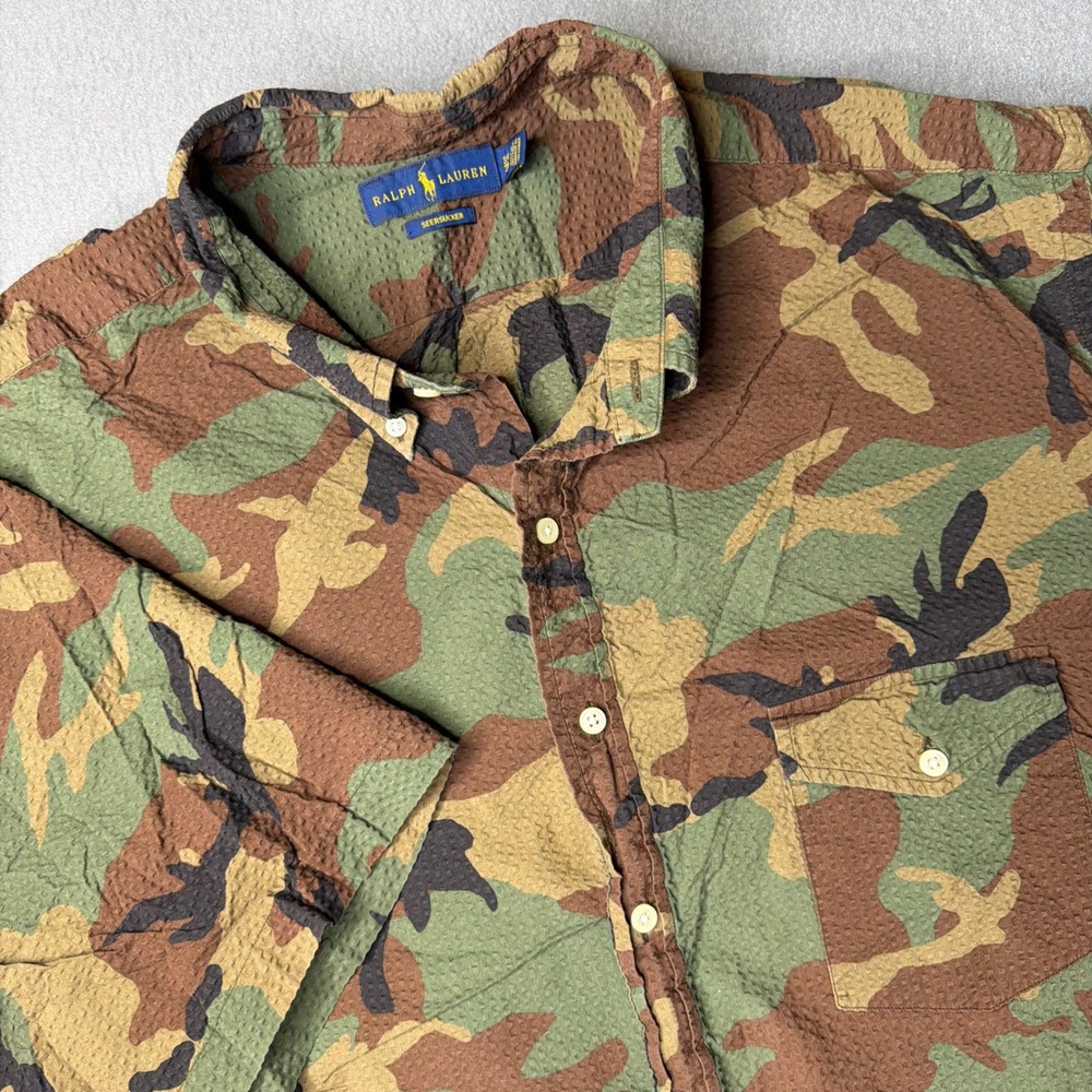 Ralph Lauren Seersucker Shirt Mens 3XB Multicolor Camo Short Sleeve Button Down